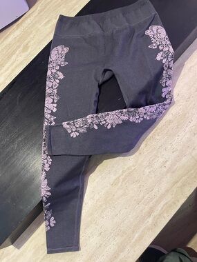 Fabletics Black Leggings with Pink Floral Side Panels